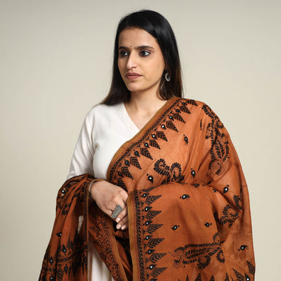 Brown - Bengal Kantha Embroidered Cotton Handloom Dupatta