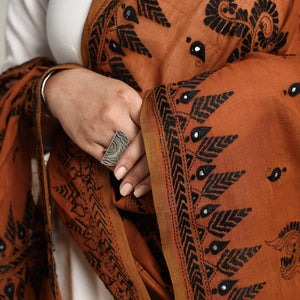 Brown - Bengal Kantha Embroidered Cotton Handloom Dupatta