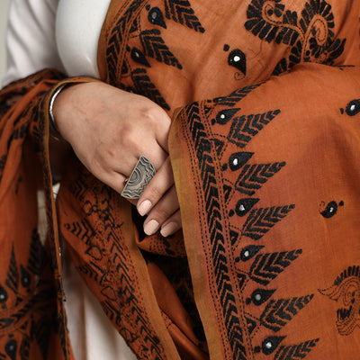 Brown - Bengal Kantha Embroidered Cotton Handloom Dupatta