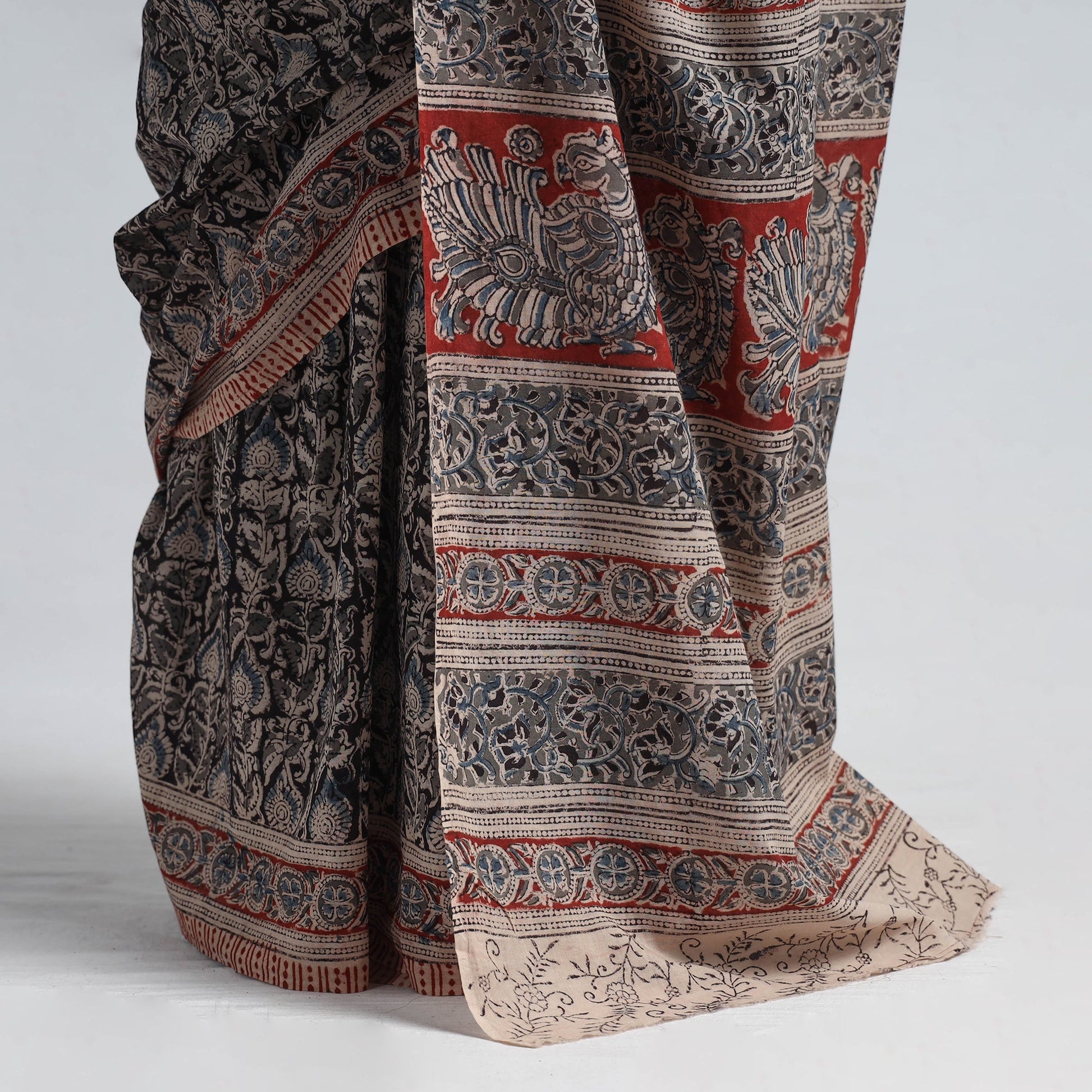 Black - Pedana Block Print Cotton Kalamkari Saree