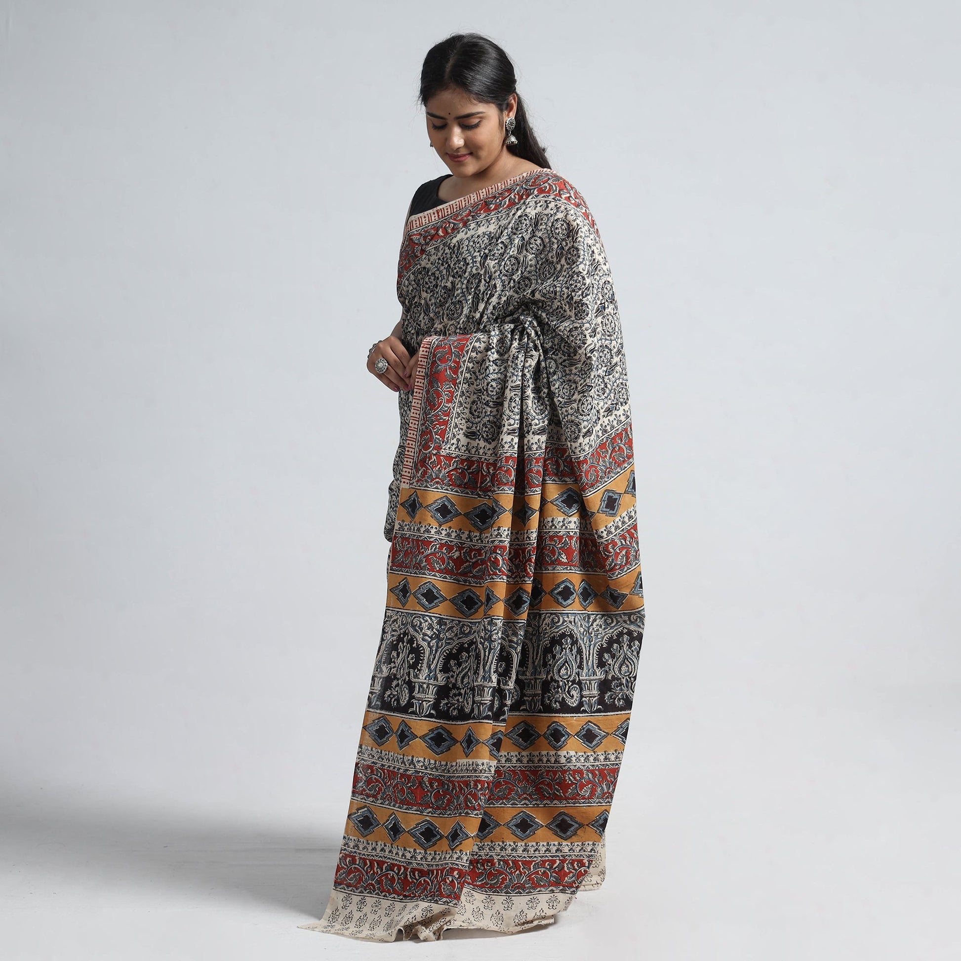 Black - Pedana Block Print Cotton Kalamkari Saree