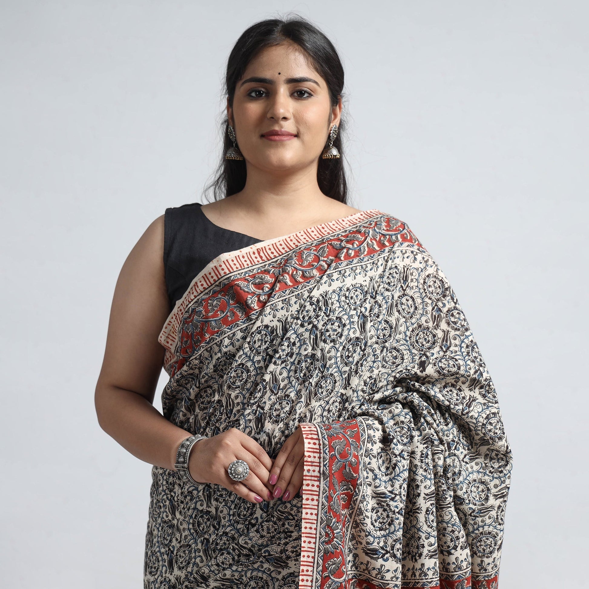 Black - Pedana Block Print Cotton Kalamkari Saree