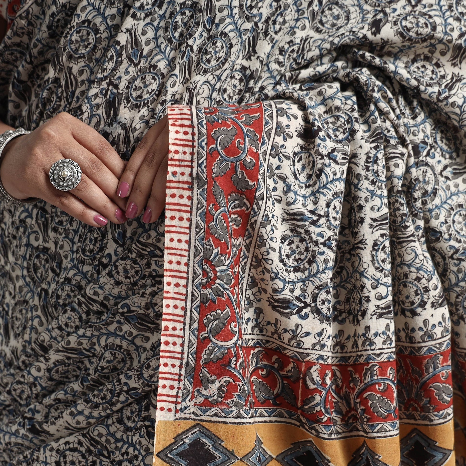 Black - Pedana Block Print Cotton Kalamkari Saree
