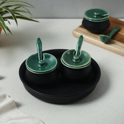 Black Matt Chutney Bowl Set with Base Tray (Set of 3)