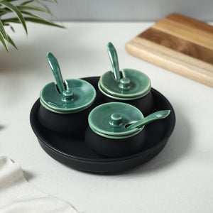 Black Matt Chutney Bowl Set with Base Tray (Set of 3)
