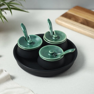 Black Matt Chutney Bowl Set with Base Tray (Set of 3)