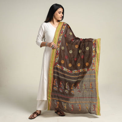 Brown - Bengal Kantha Embroidered Cotton Handloom Dupatta