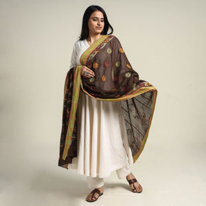 Brown - Bengal Kantha Embroidered Cotton Handloom Dupatta