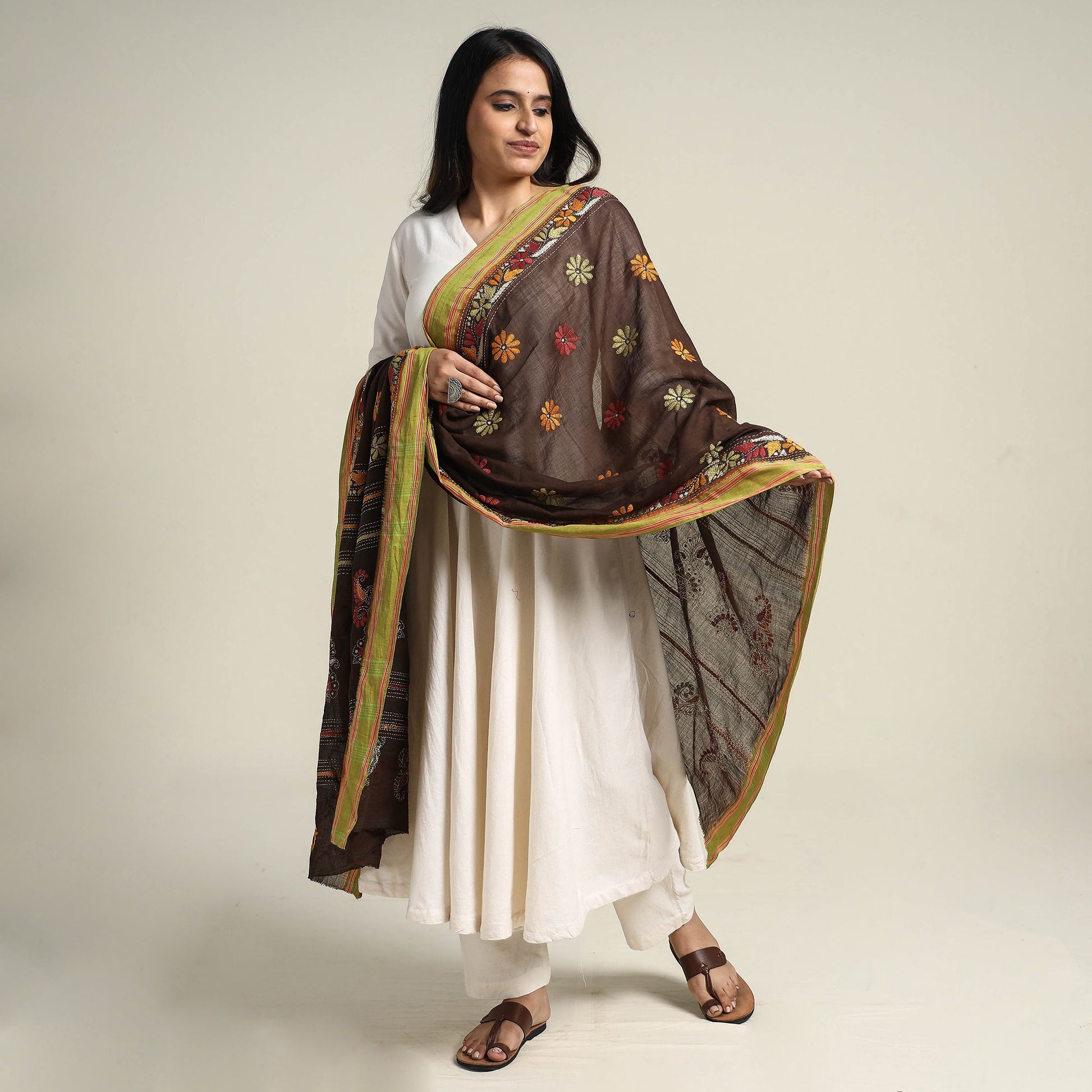 Brown - Bengal Kantha Embroidered Cotton Handloom Dupatta