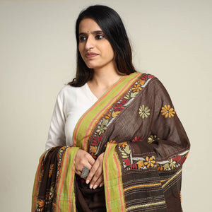 Brown - Bengal Kantha Embroidered Cotton Handloom Dupatta