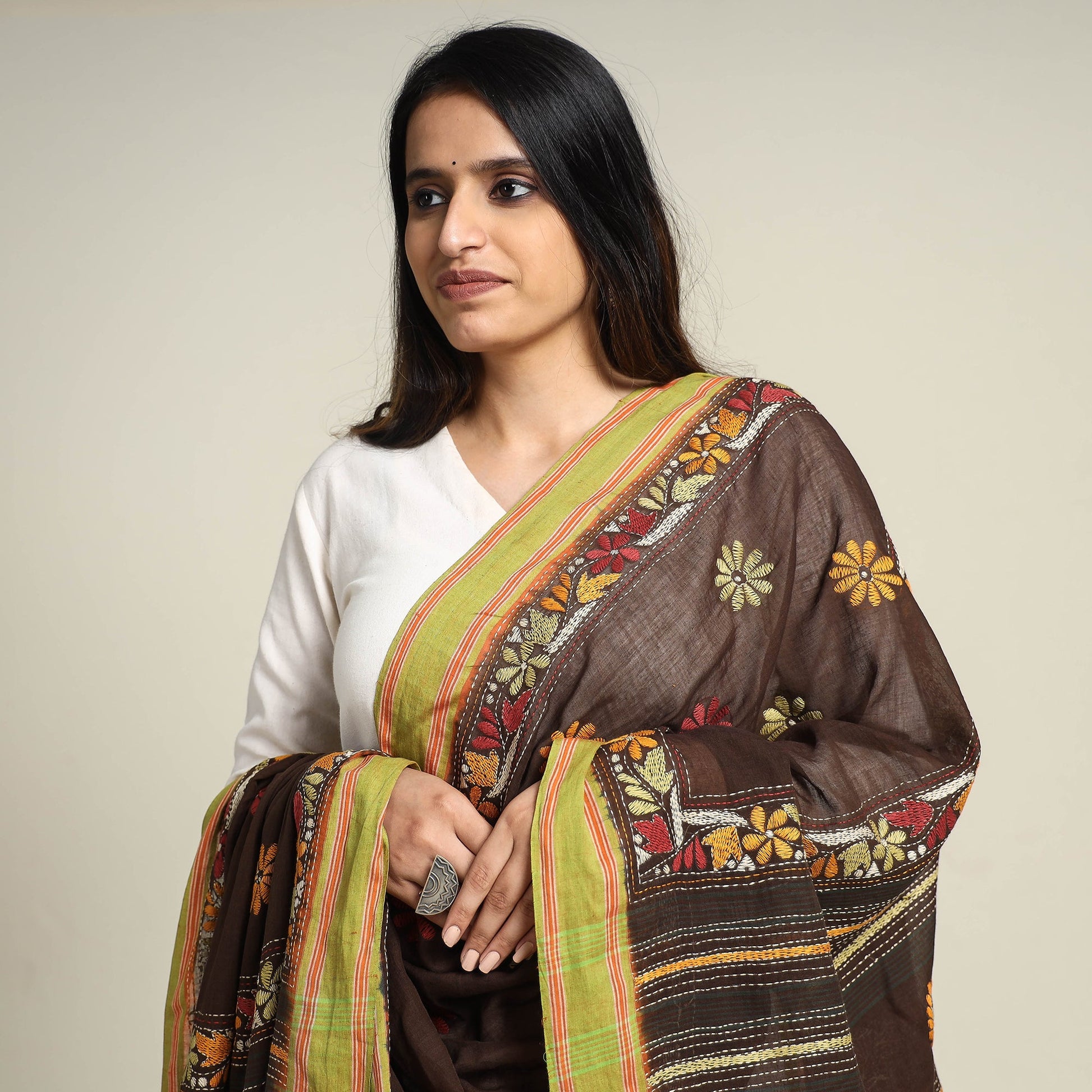 Brown - Bengal Kantha Embroidered Cotton Handloom Dupatta