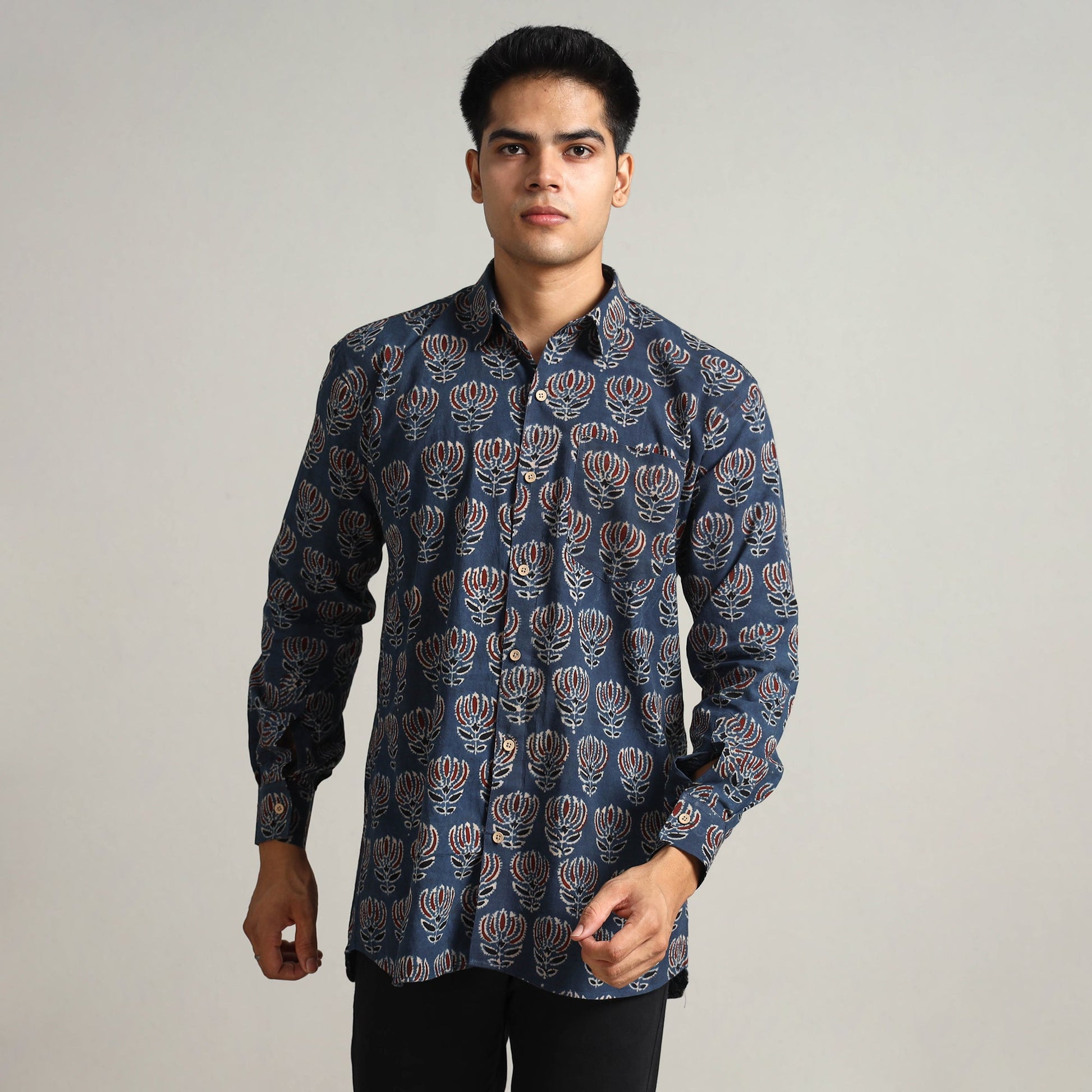 Blue - Ajrakh Block Printed Cotton Men Full Sleeve Shirt 17