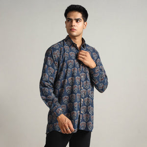 Blue - Ajrakh Block Printed Cotton Men Full Sleeve Shirt 17