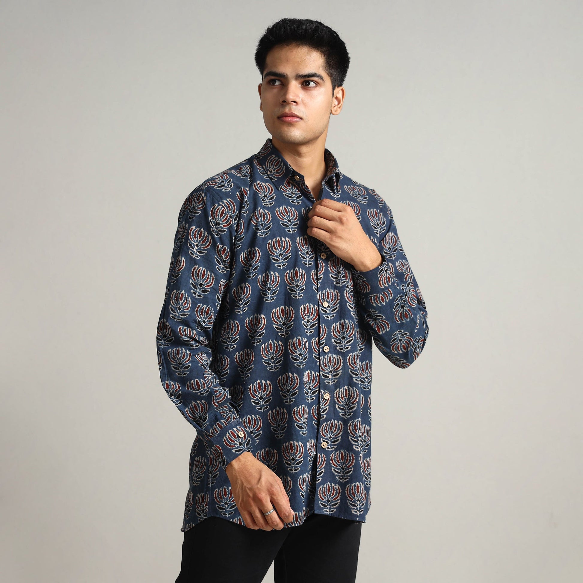 Blue - Ajrakh Block Printed Cotton Men Full Sleeve Shirt 17