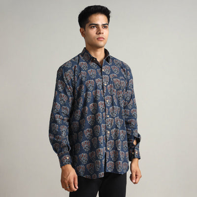 Blue - Ajrakh Block Printed Cotton Men Full Sleeve Shirt 17