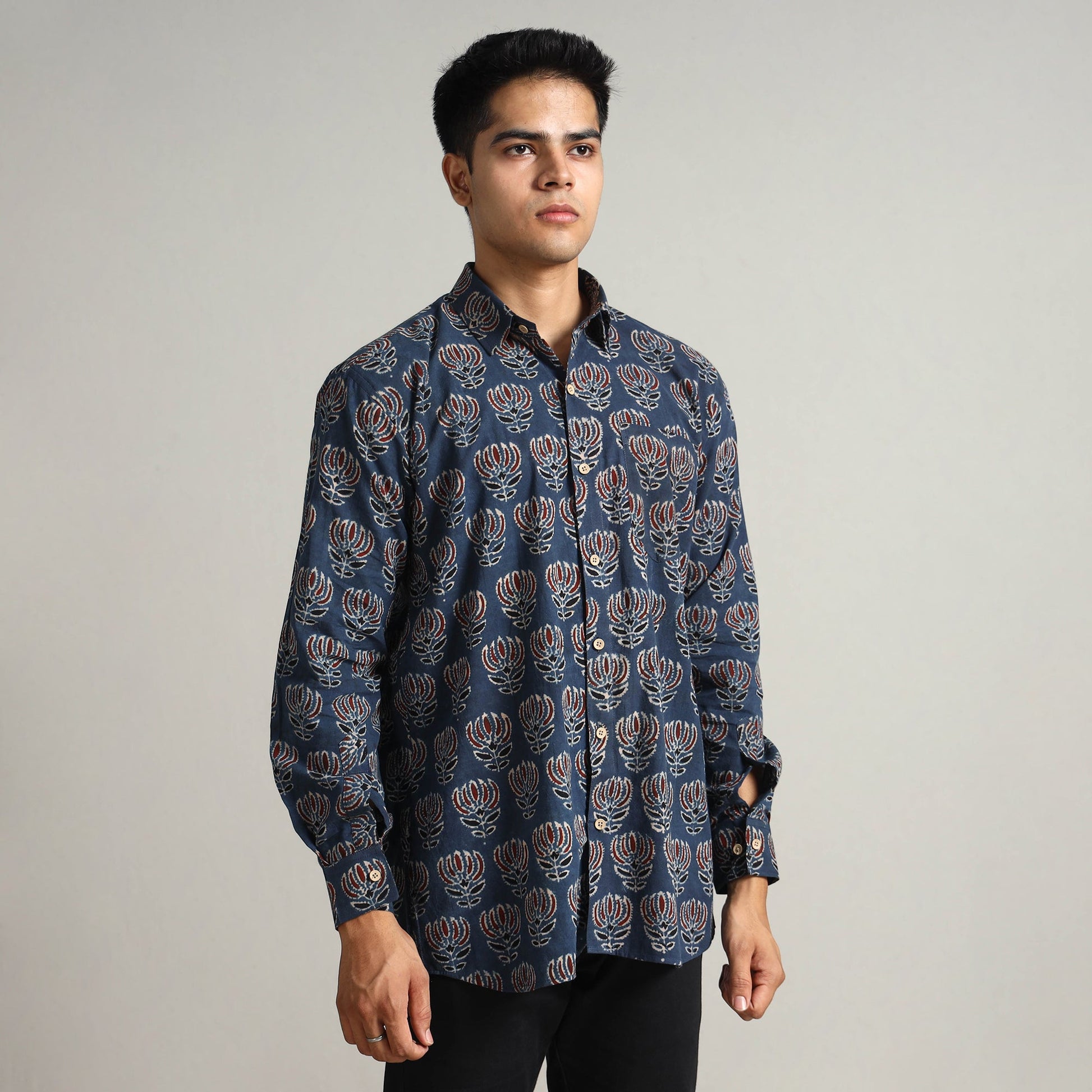 Blue - Ajrakh Block Printed Cotton Men Full Sleeve Shirt 17