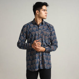 Blue - Ajrakh Block Printed Cotton Men Full Sleeve Shirt 17