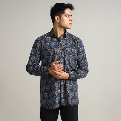 Blue - Ajrakh Block Printed Cotton Men Full Sleeve Shirt 17