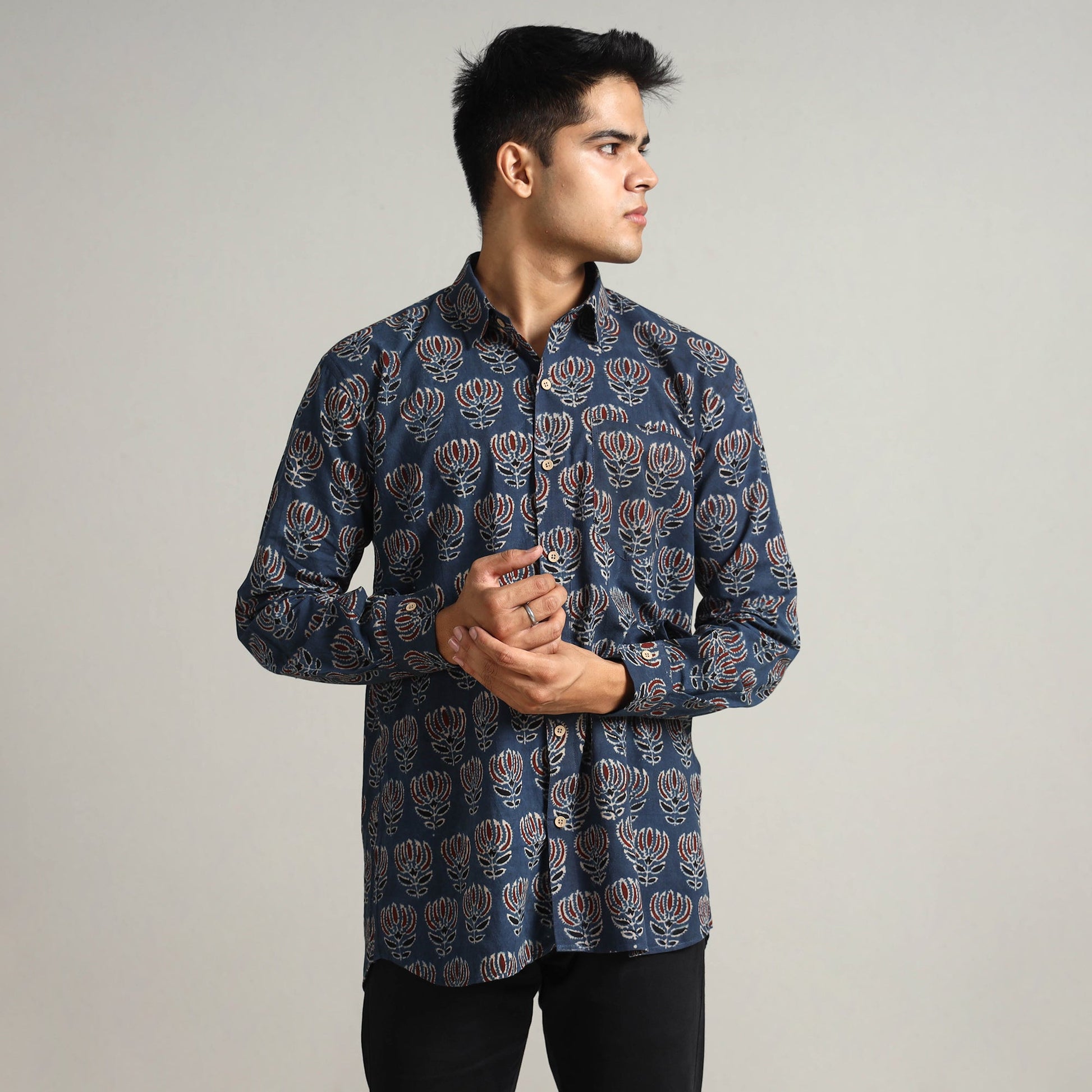 Blue - Ajrakh Block Printed Cotton Men Full Sleeve Shirt 17