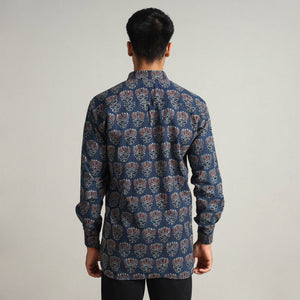 Blue - Ajrakh Block Printed Cotton Men Full Sleeve Shirt 17