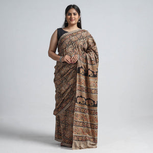 Brown - Pedana Block Print Cotton Kalamkari Saree