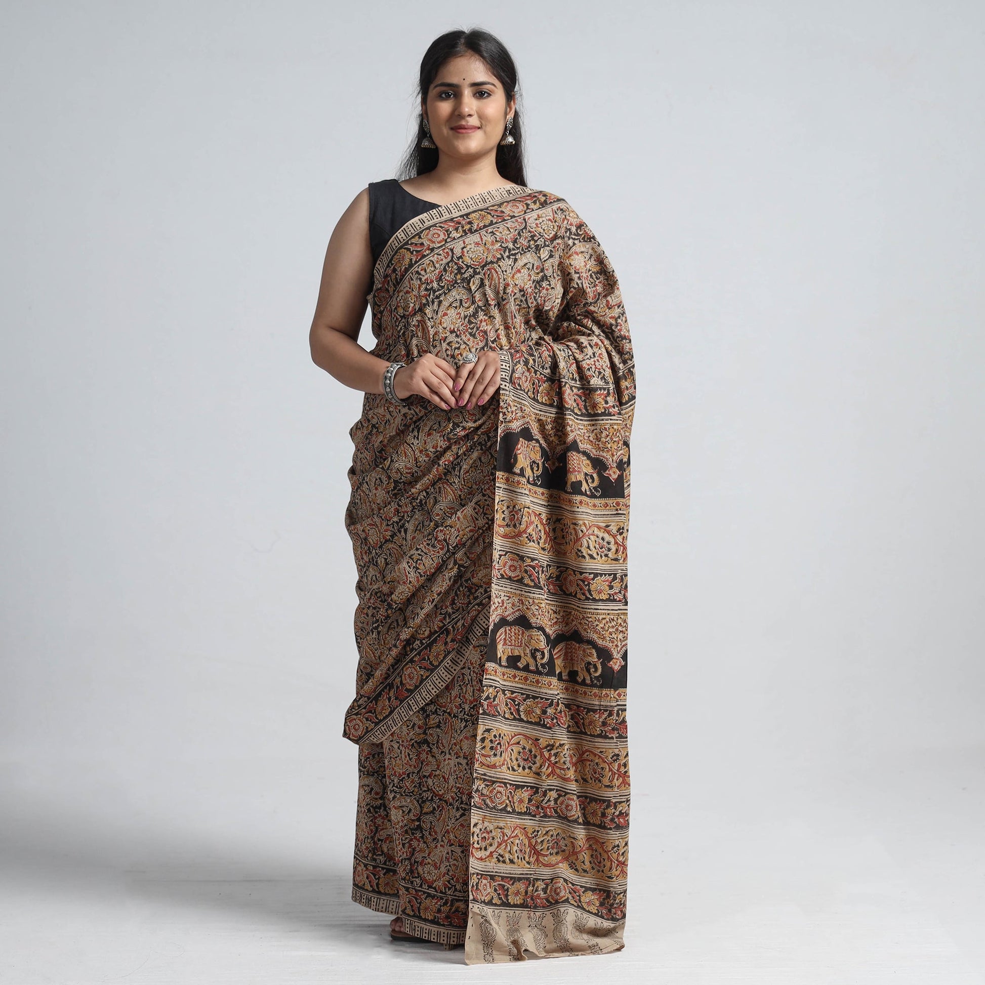 Brown - Pedana Block Print Cotton Kalamkari Saree