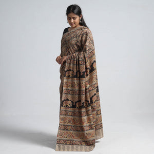 Brown - Pedana Block Print Cotton Kalamkari Saree