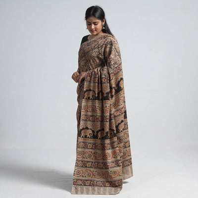 Brown - Pedana Block Print Cotton Kalamkari Saree