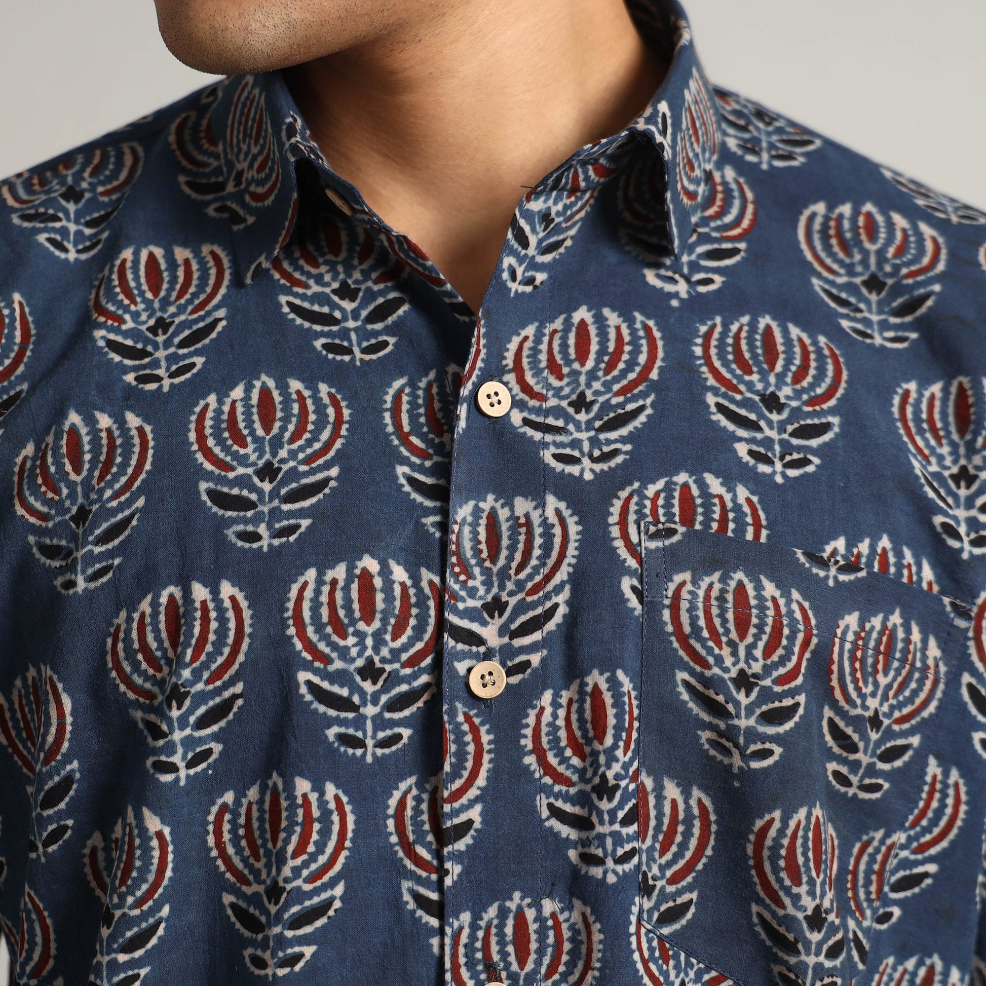 Blue - Ajrakh Block Printed Cotton Men Full Sleeve Shirt 17