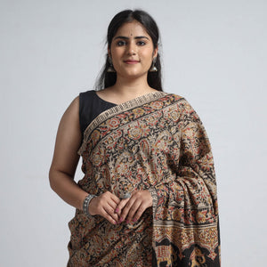 Brown - Pedana Block Print Cotton Kalamkari Saree
