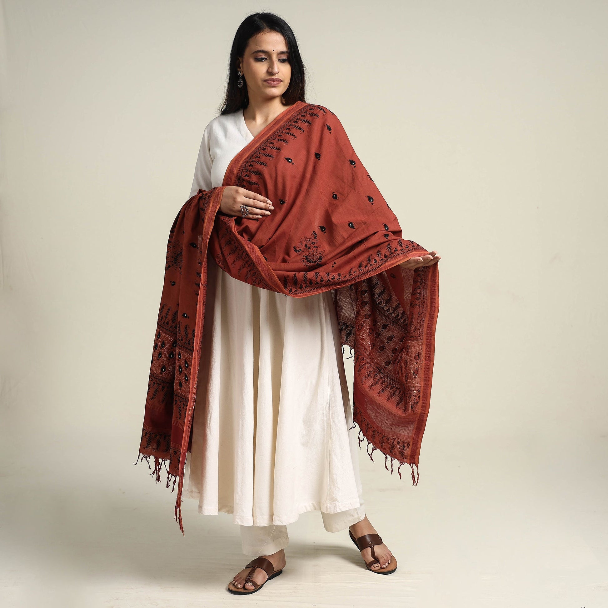 Brown - Bengal Kantha Embroidered Cotton Handloom Dupatta
