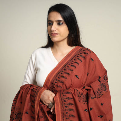 Brown - Bengal Kantha Embroidered Cotton Handloom Dupatta
