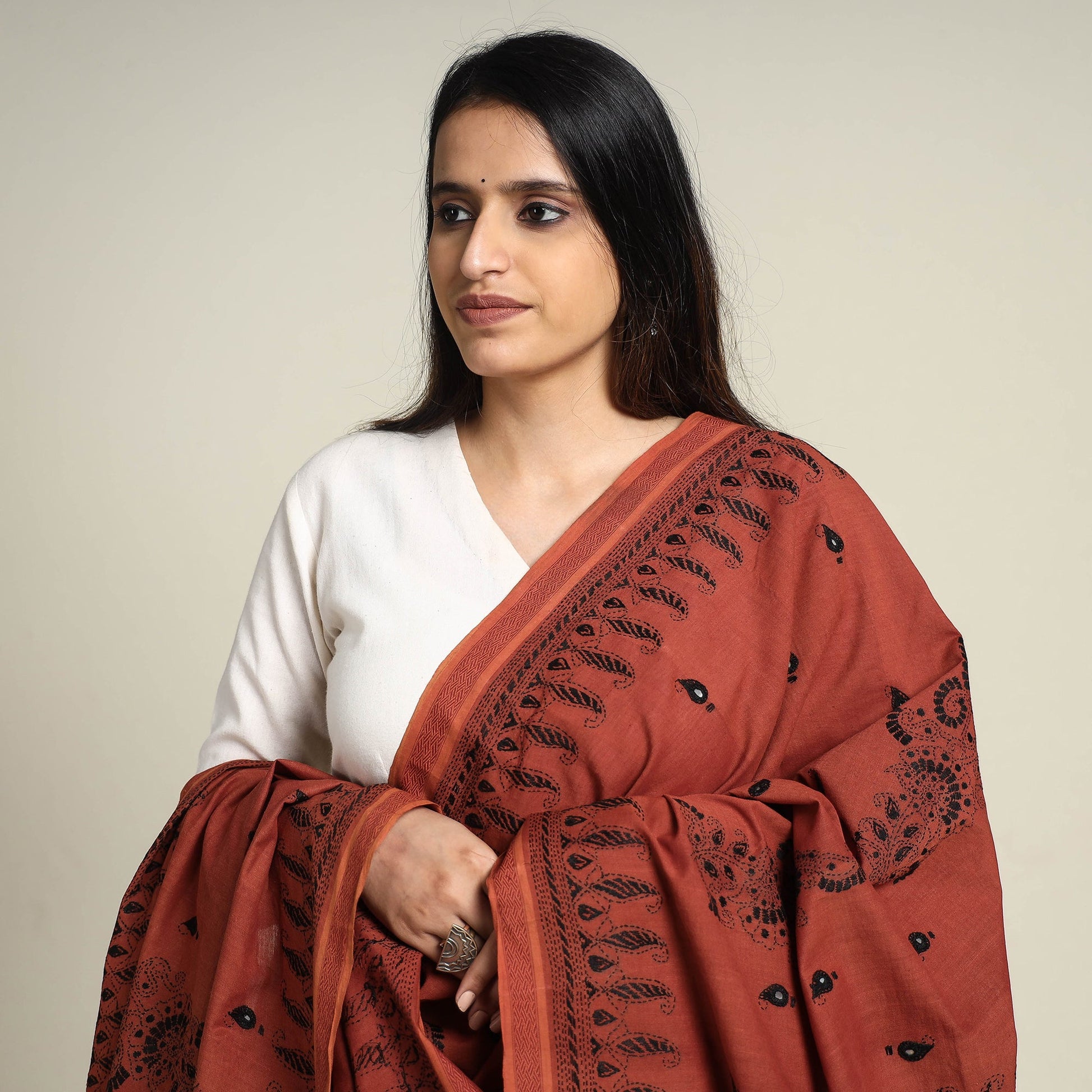 Brown - Bengal Kantha Embroidered Cotton Handloom Dupatta