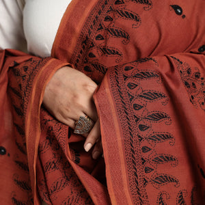Brown - Bengal Kantha Embroidered Cotton Handloom Dupatta