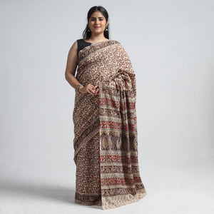 Brown - Pedana Block Print Cotton Kalamkari Saree