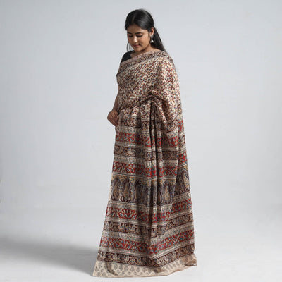 Brown - Pedana Block Print Cotton Kalamkari Saree