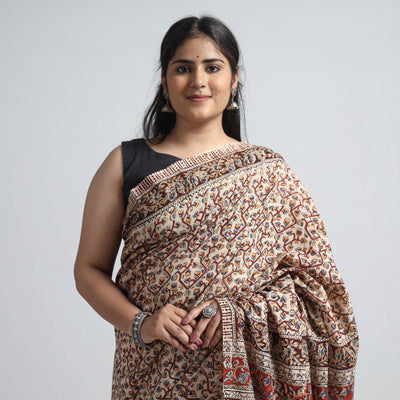 Brown - Pedana Block Print Cotton Kalamkari Saree