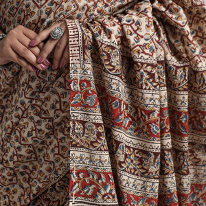 Brown - Pedana Block Print Cotton Kalamkari Saree