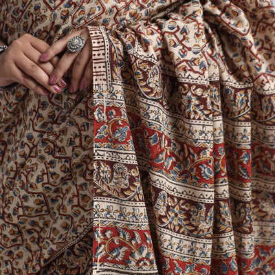 Brown - Pedana Block Print Cotton Kalamkari Saree