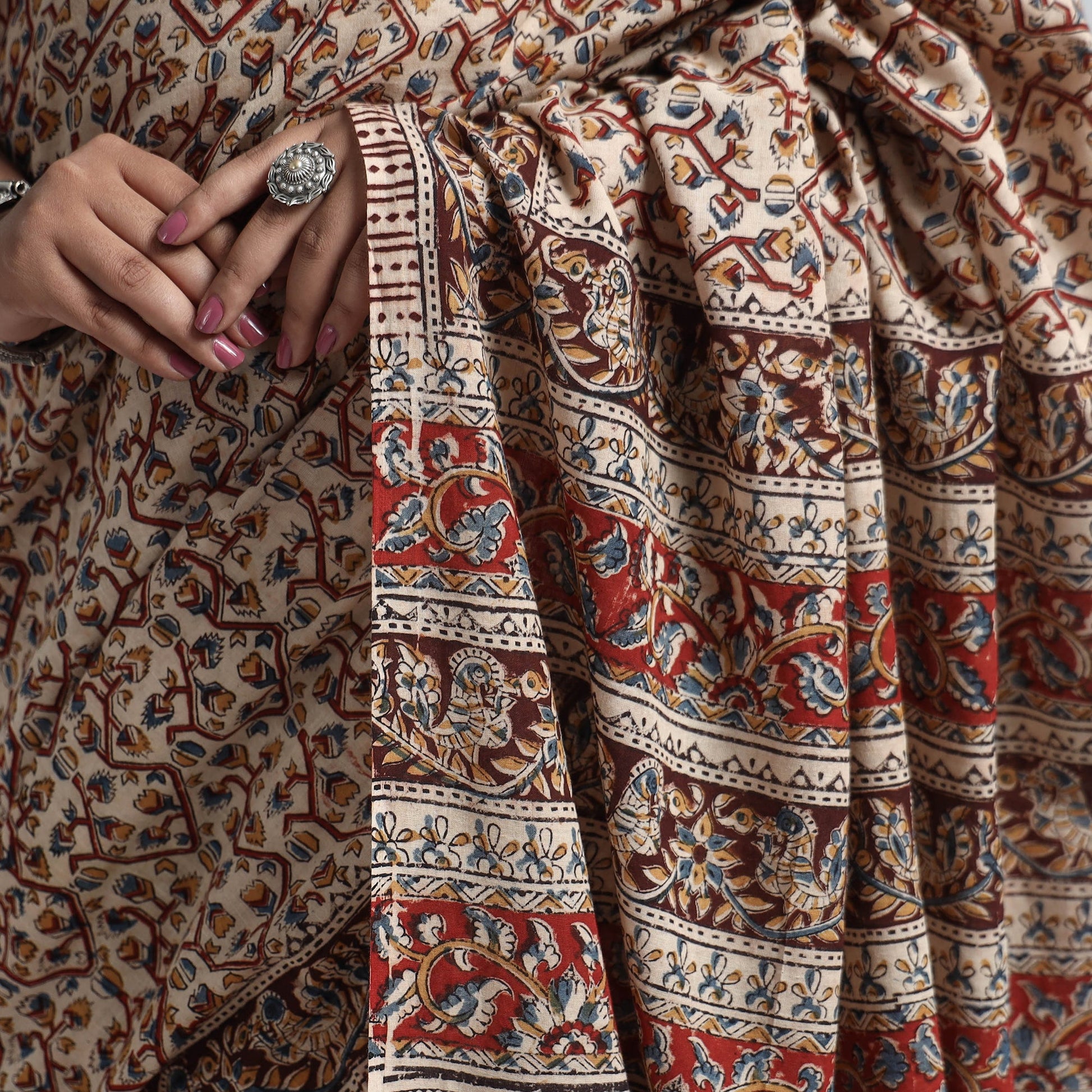 Brown - Pedana Block Print Cotton Kalamkari Saree