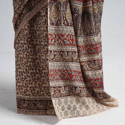 Brown - Pedana Block Print Cotton Kalamkari Saree