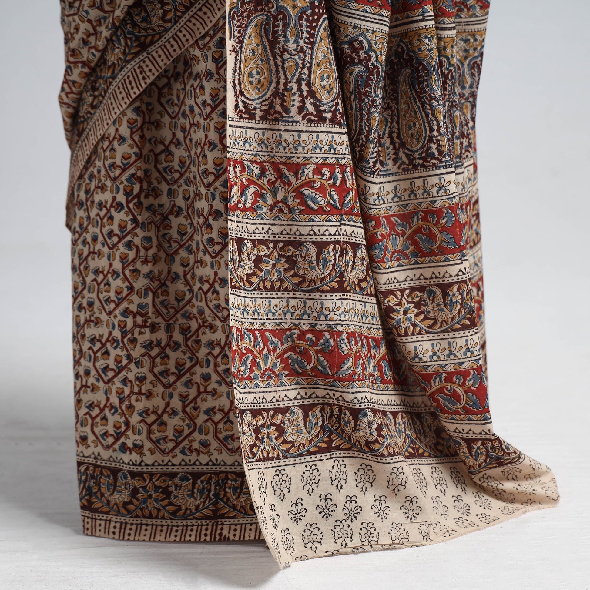 Brown - Pedana Block Print Cotton Kalamkari Saree