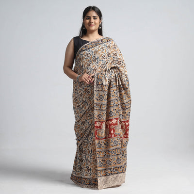 Beige - Pedana Block Print Cotton Kalamkari Saree
