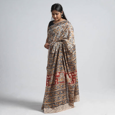 Beige - Pedana Block Print Cotton Kalamkari Saree
