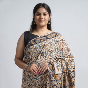 Beige - Pedana Block Print Cotton Kalamkari Saree