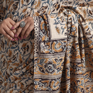 Beige - Pedana Block Print Cotton Kalamkari Saree