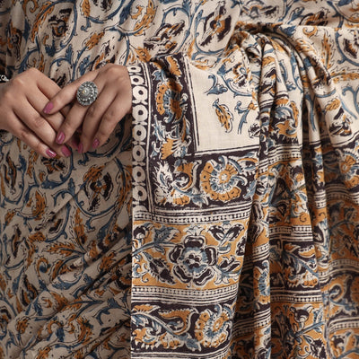Beige - Pedana Block Print Cotton Kalamkari Saree
