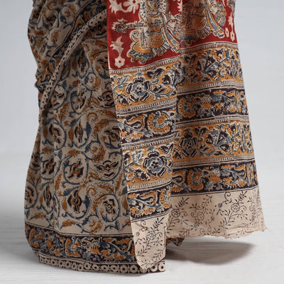 Beige - Pedana Block Print Cotton Kalamkari Saree