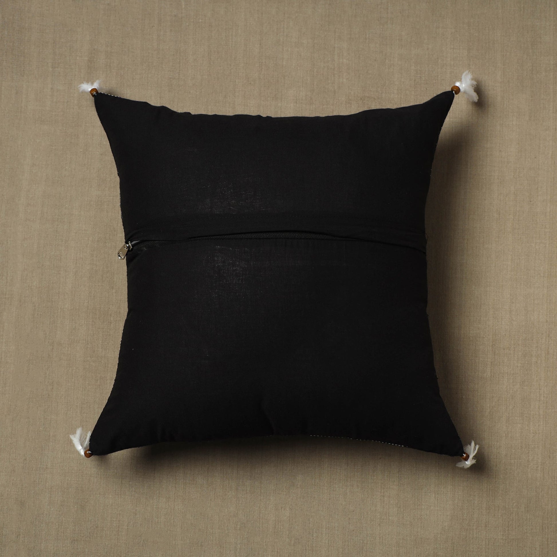 Black - Kantha Stitch Ikat Cotton Cushion Cover (16 x 16 in) 04