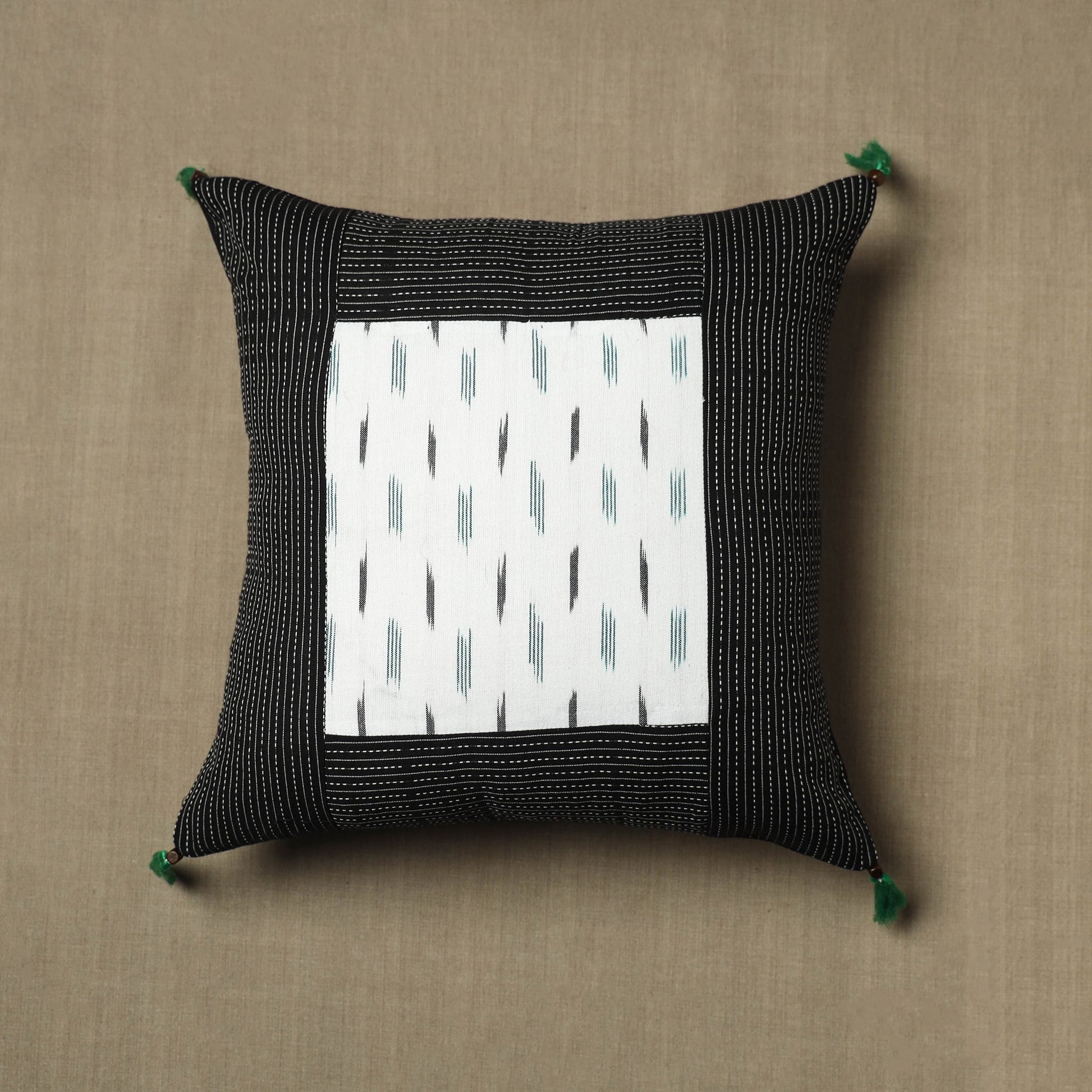 Black - Kantha Stitch Ikat Cotton Cushion Cover (16 x 16 in) 07